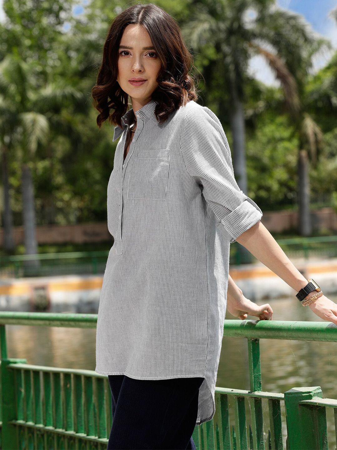STREET 9 White & Grey Comfort Vertical Striped Drop Shoulder Sleeves Boxy Casual Shirt