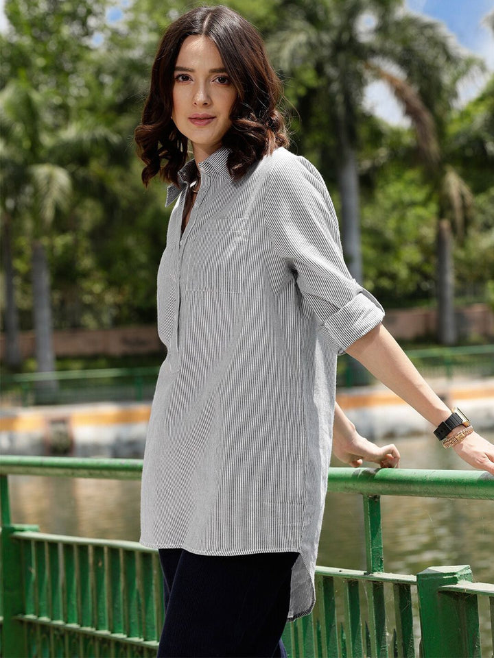 STREET 9 White & Grey Comfort Vertical Striped Drop Shoulder Sleeves Boxy Casual Shirt