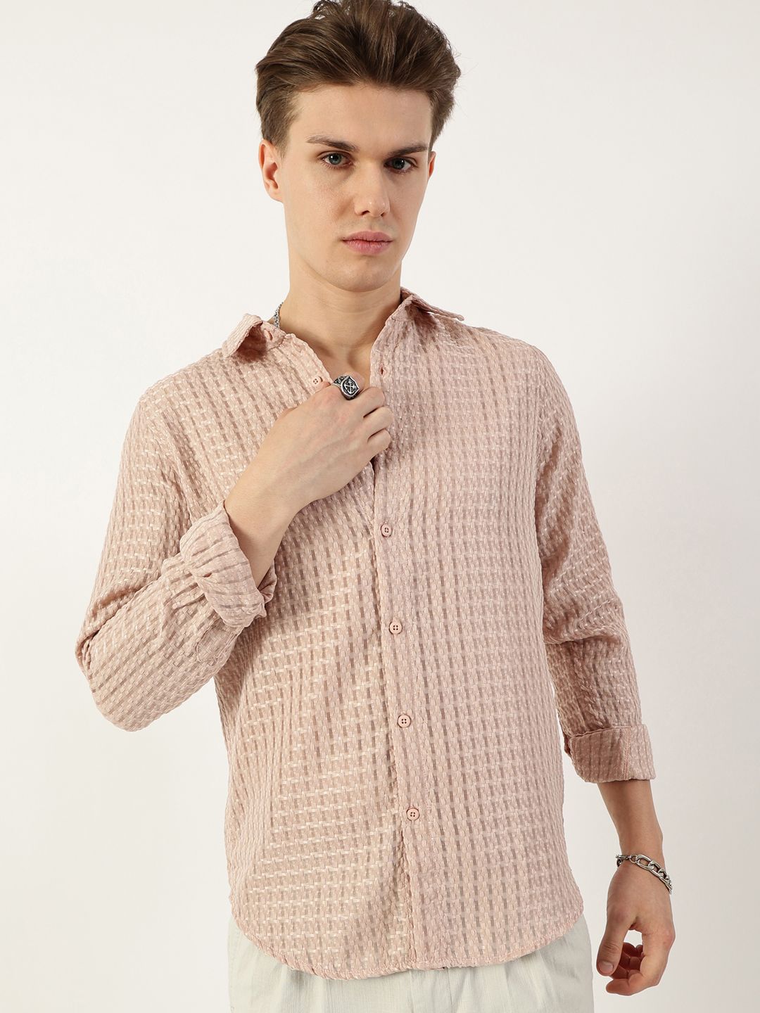 Thomas Scott Men Premium Spread Collar Textured Solid Slim Fit Casual Shirt