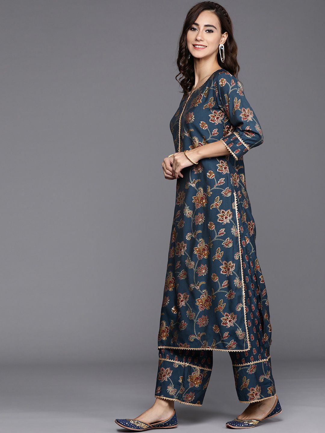 Libas Women Blue & Maroon Floral Printed Regular Kurta with Palazzos & Dupatta