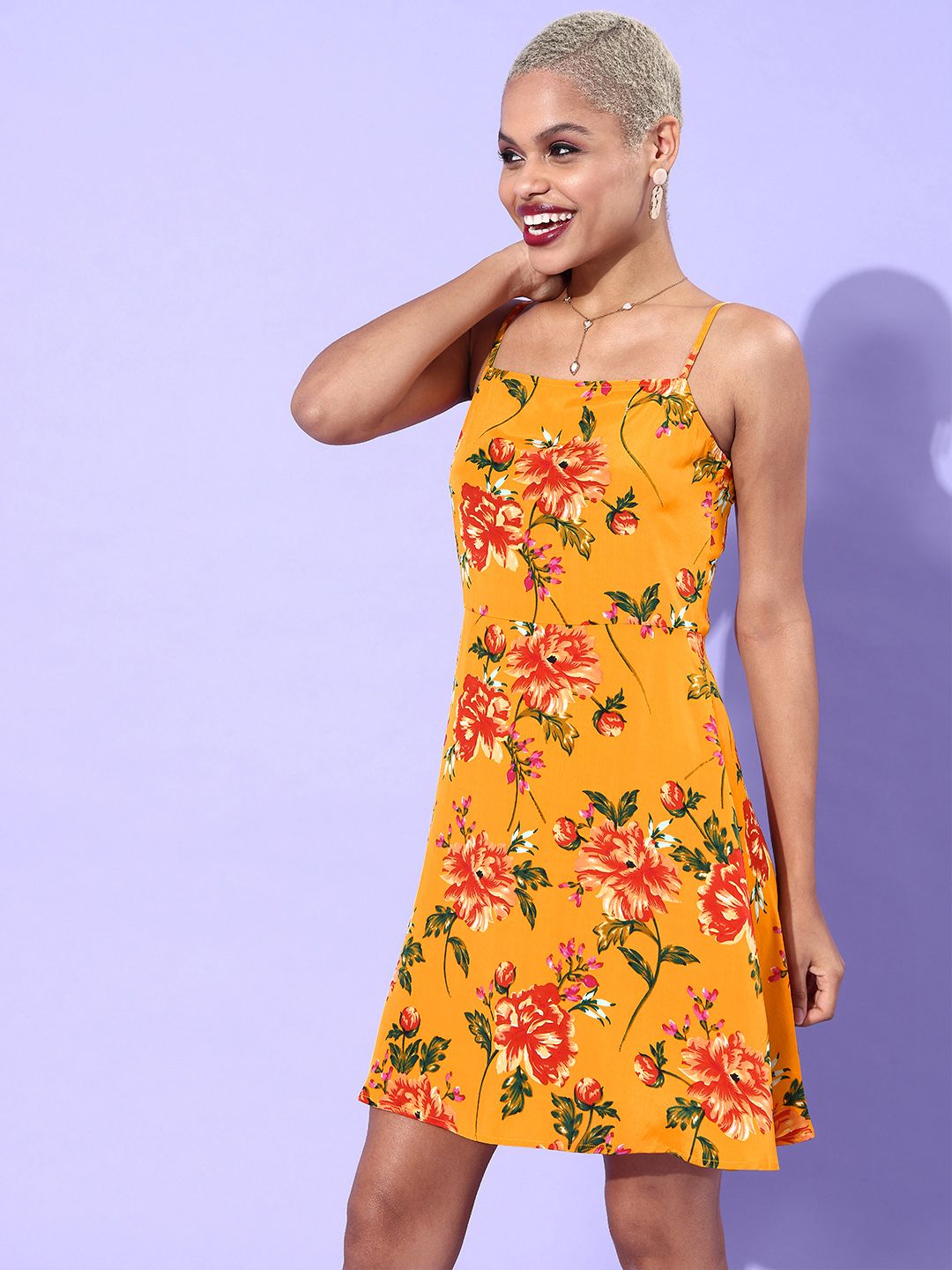 Berrylush Yellow & Red Floral Crepe Mini Dress