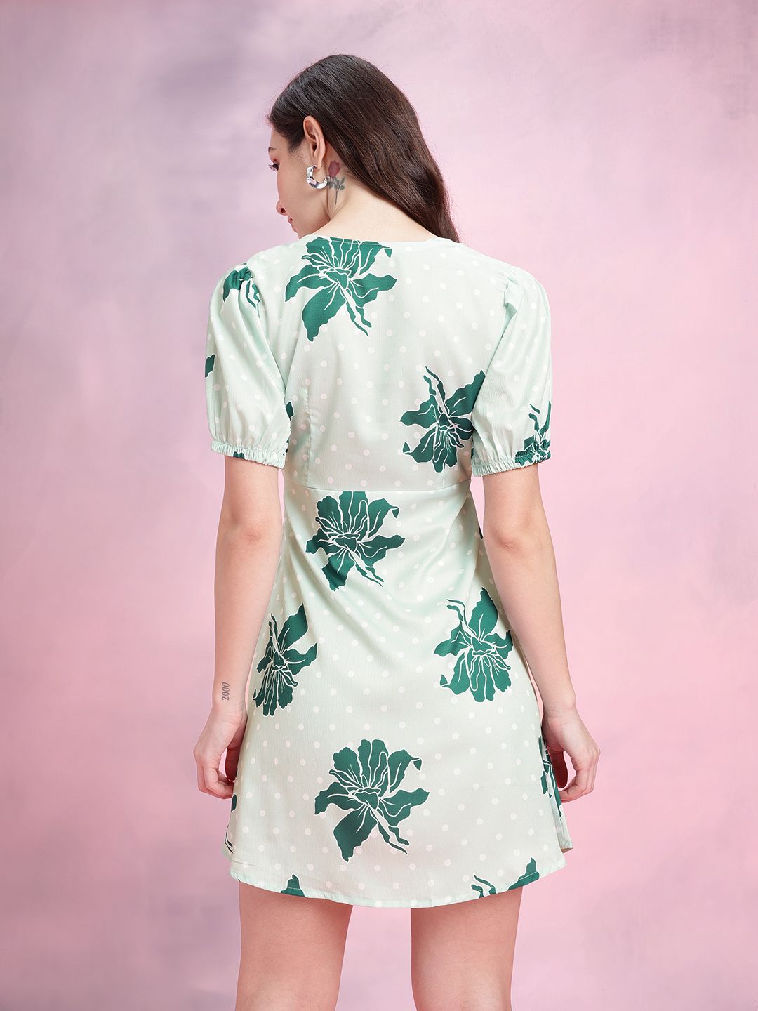 DressBerry Floral Print Puff Sleeves Wrap-Style Satin A-Line Dress