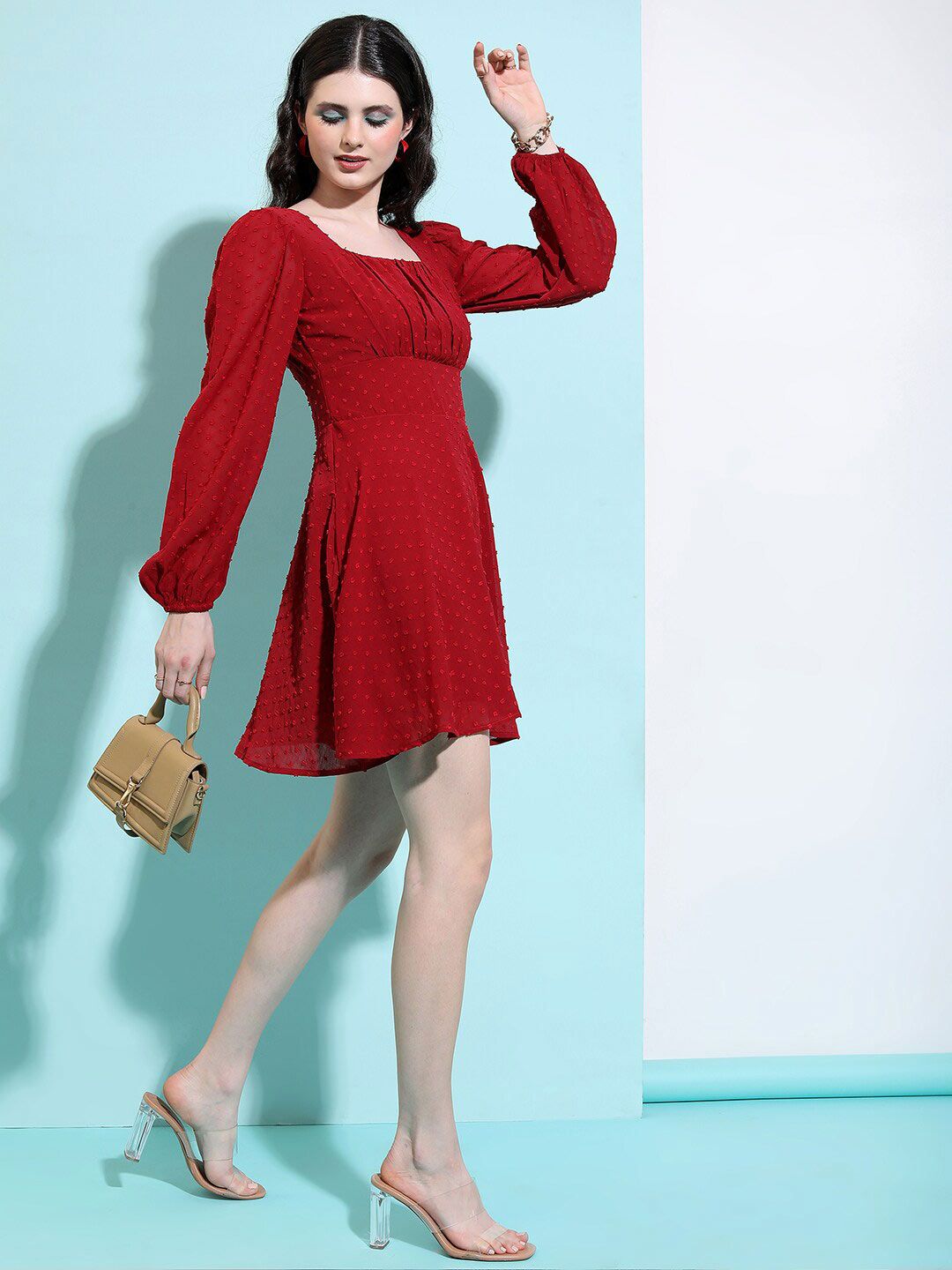 Tokyo Talkies Maroon Self Design Puff Sleeves Pleated Fit & Flare Dress