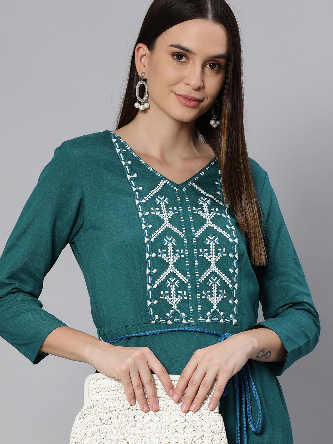 Global Desi Teal & White Embroidered Basic Jumpsuit With Waist Tie Up