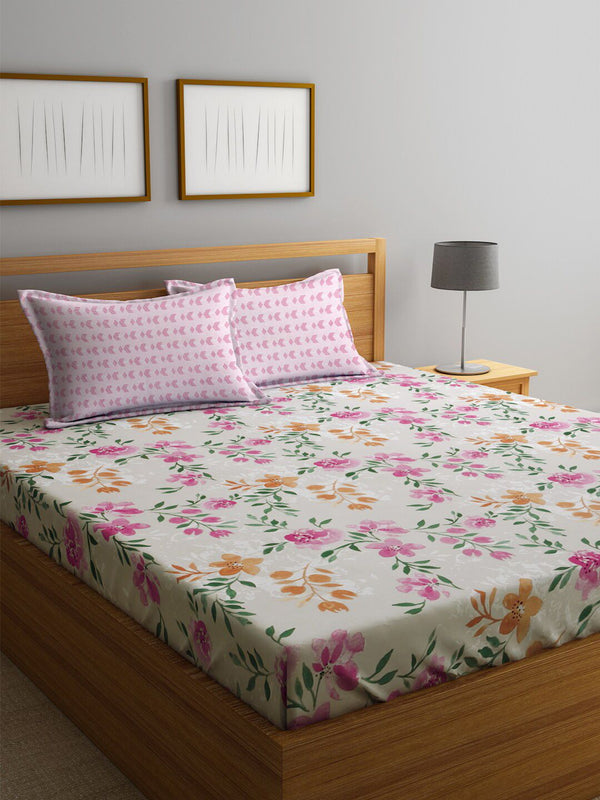KLOTTHE Blue & Orange Printed 300TC Fitted Double King Bedsheet With 2 Pillow Covers