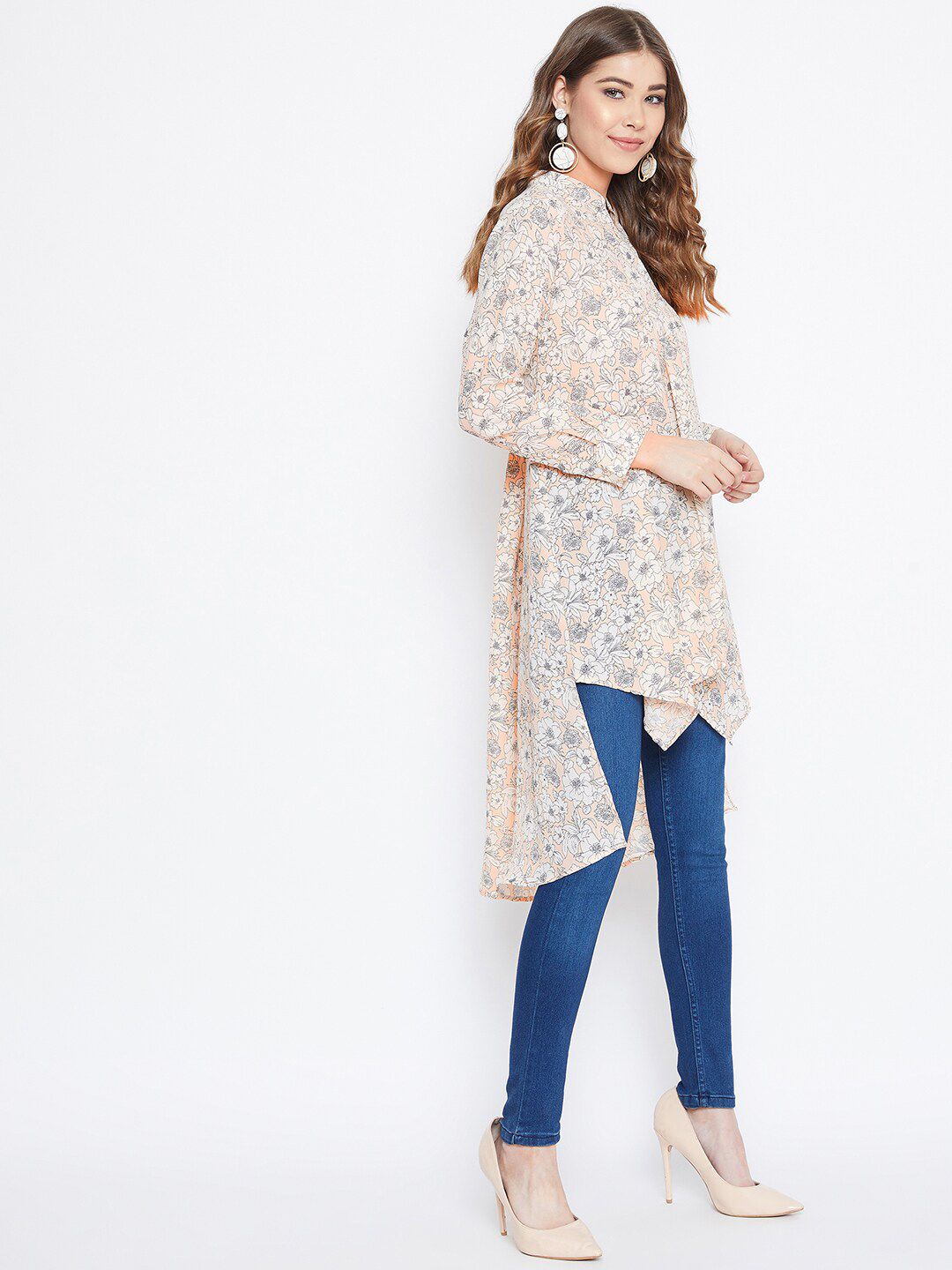 Berrylush Beige Floral Printed Crepe Shirt Style Top