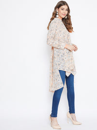 Berrylush Beige Floral Printed Crepe Shirt Style Top