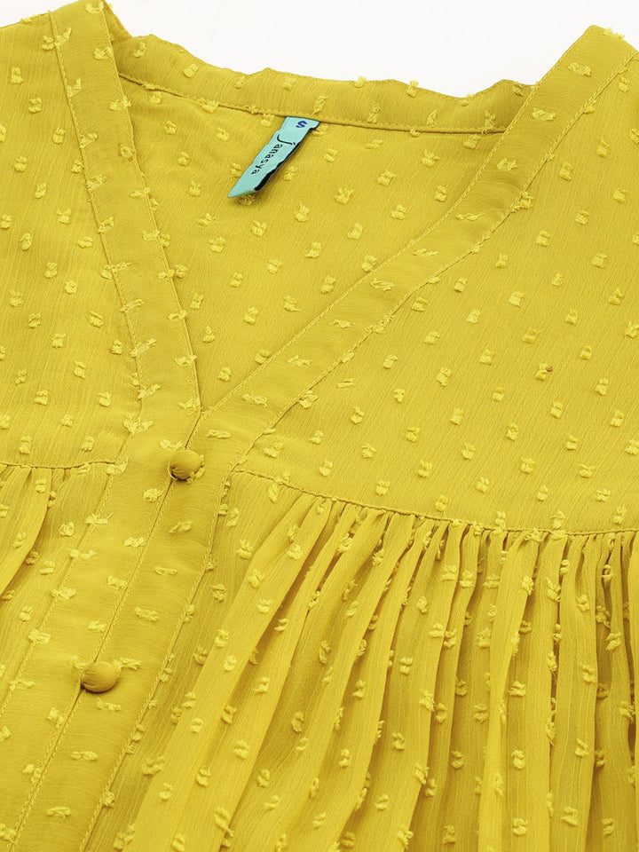 Janasya Women Mustard Chiffon Self Design Front Slit Kurta
