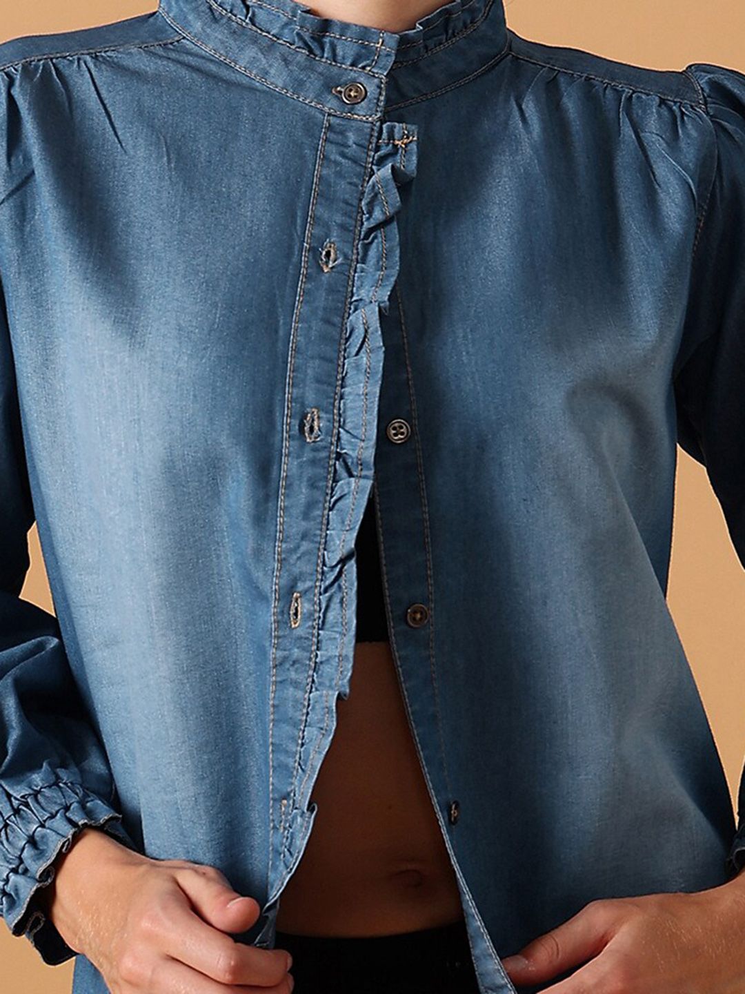STREET 9 Comfort Mandarin Collar Puff Sleeves Pure Cotton Denim Casual Shirt