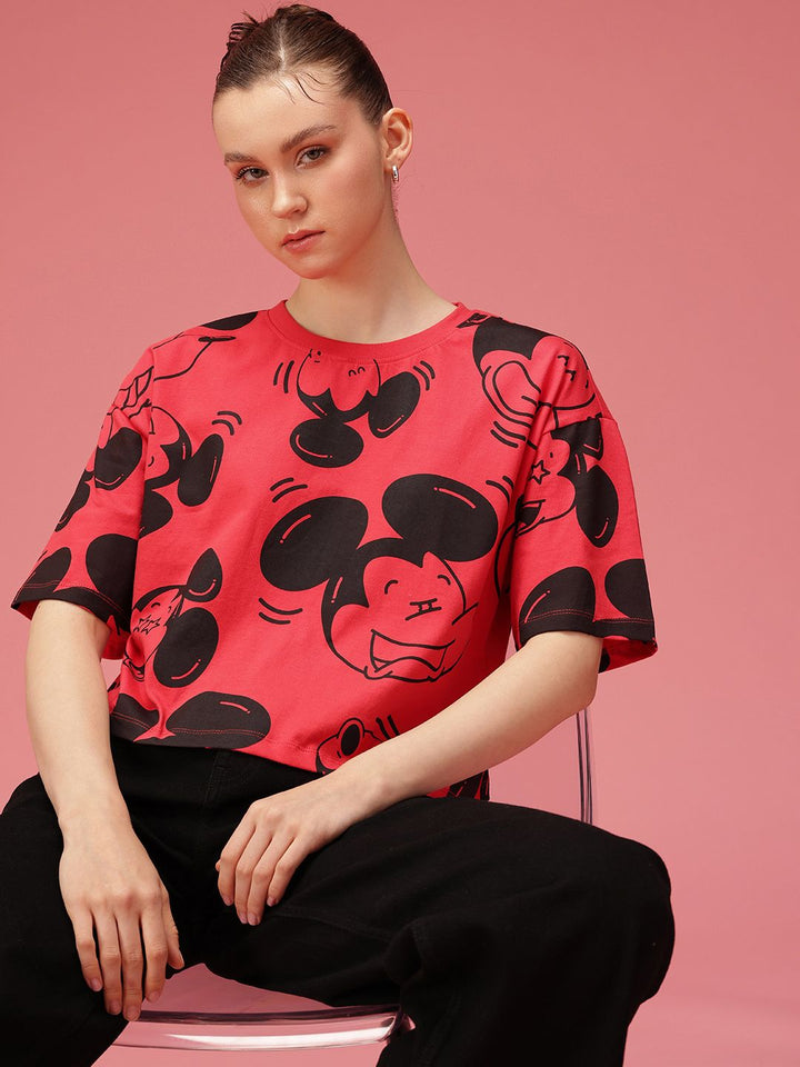 DressBerry Mickey Mouse Printed Drop-Shoulder Sleeves Relaxed Fit Pure Cotton T-shirt