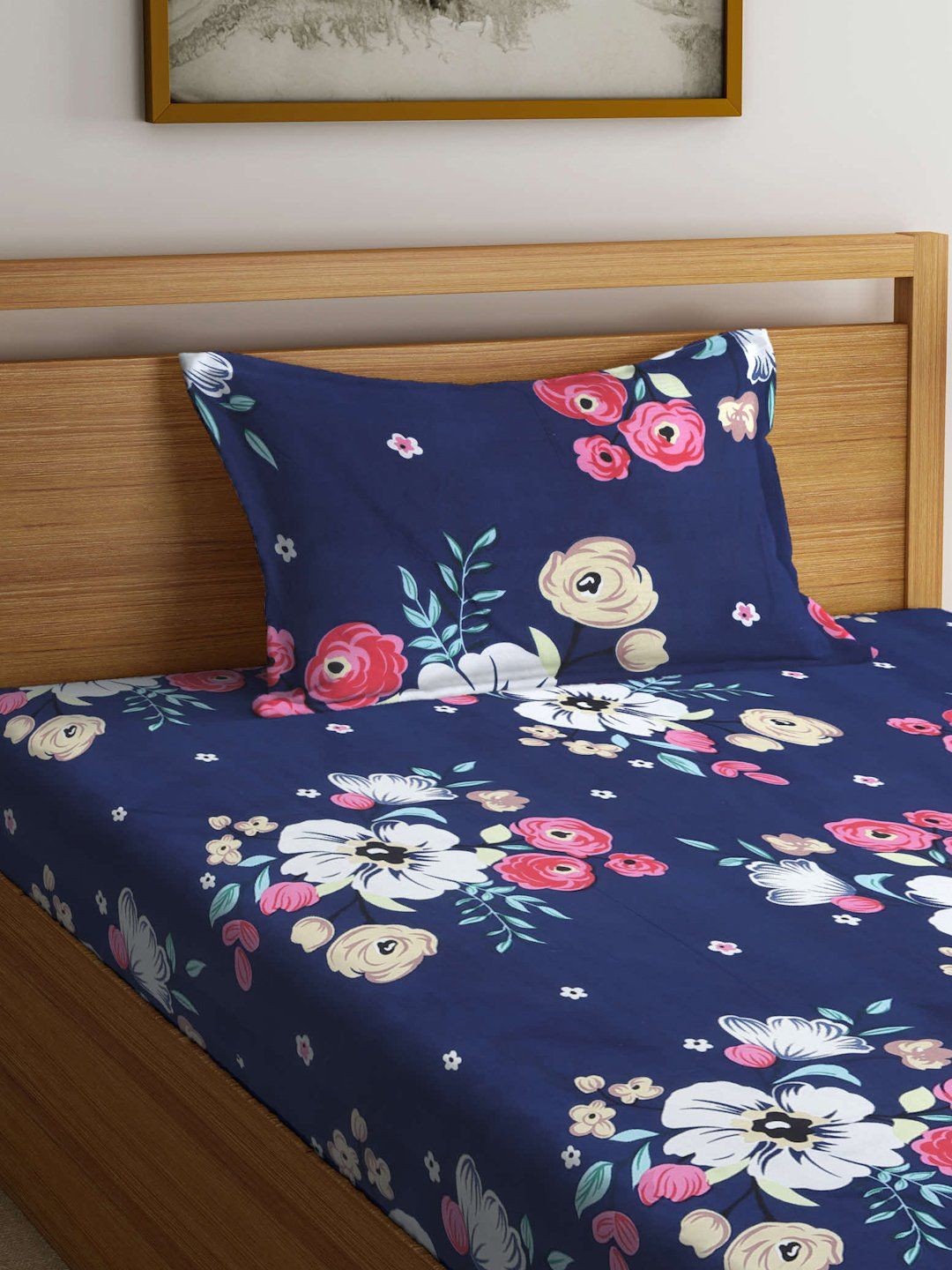 Myntra Elegant Homes Multicoloured Floral 300 TC Single Bedsheet with 1 Pillow Covers