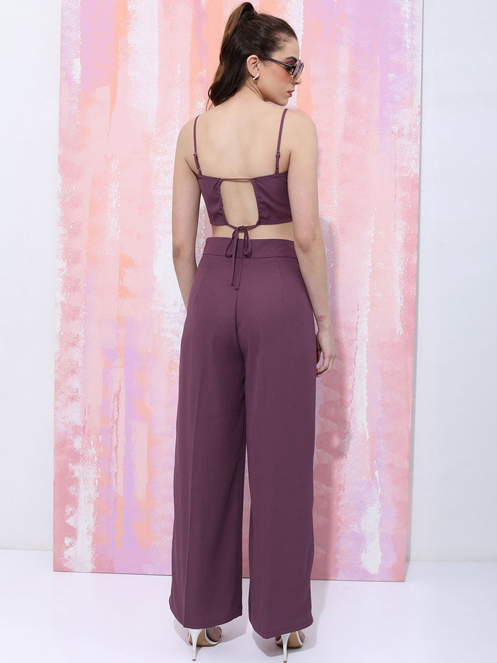 Tokyo Talkies Purple Shoulder Straps Neck Sleeveless Crop Top With Trousers