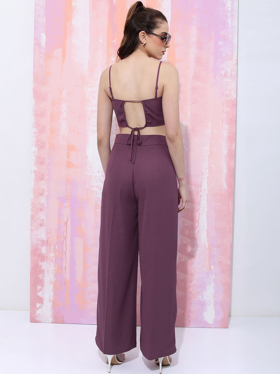 Tokyo Talkies Purple Shoulder Straps Neck Sleeveless Crop Top With Trousers