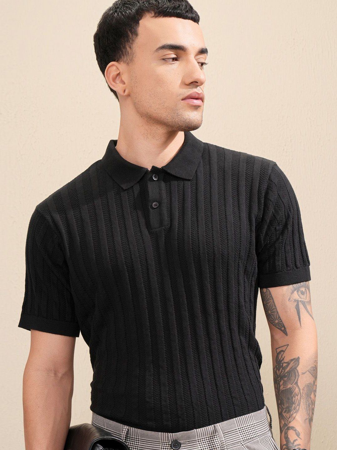 HIGHLANDER Men Knitted Textured Polo Collar T-shirt