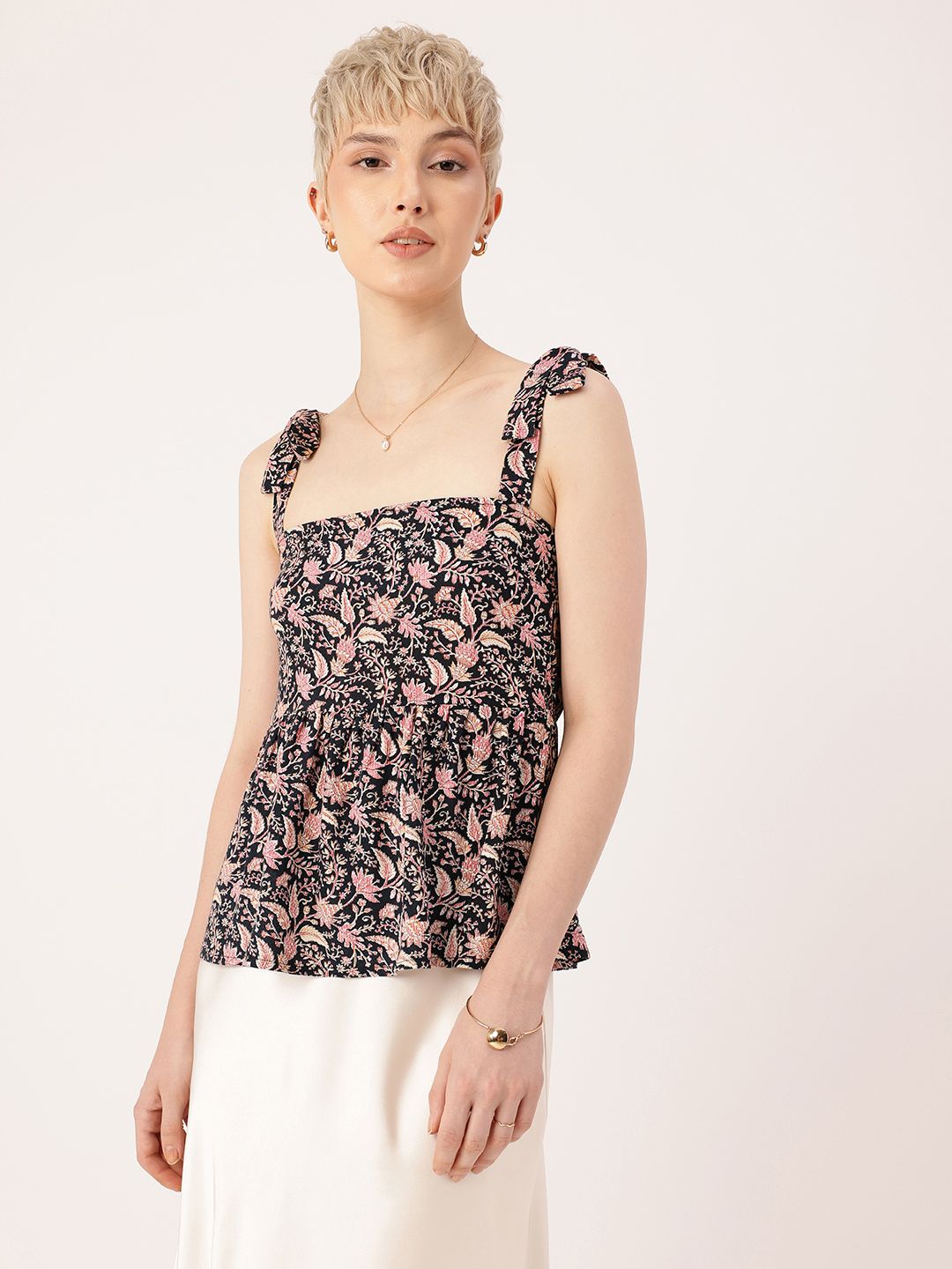 DressBerry Floral Printed Tie-Up Straps Gathers A-Line Top