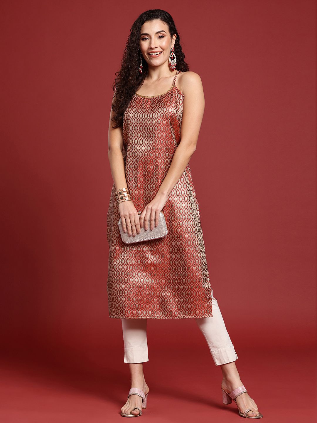 Anouk Ethnic Motifs Woven Design Straight Sleeveless Kurta