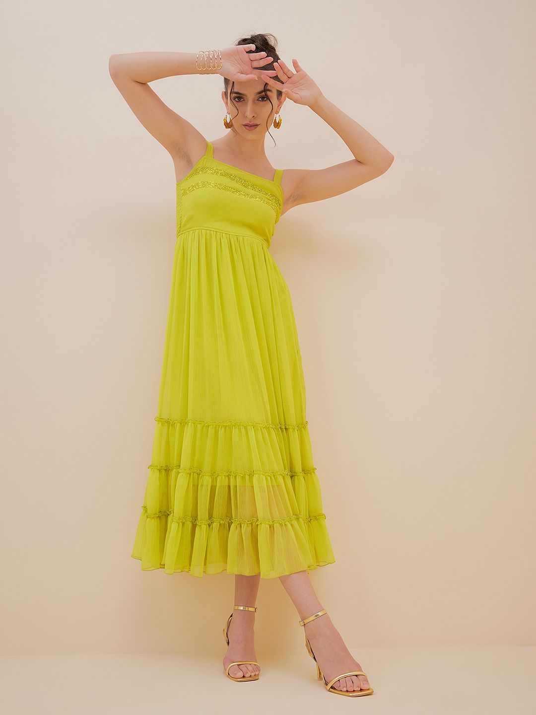 Antheaa Embellished Sequinned Tiered Chiffon Empire Midi Dress