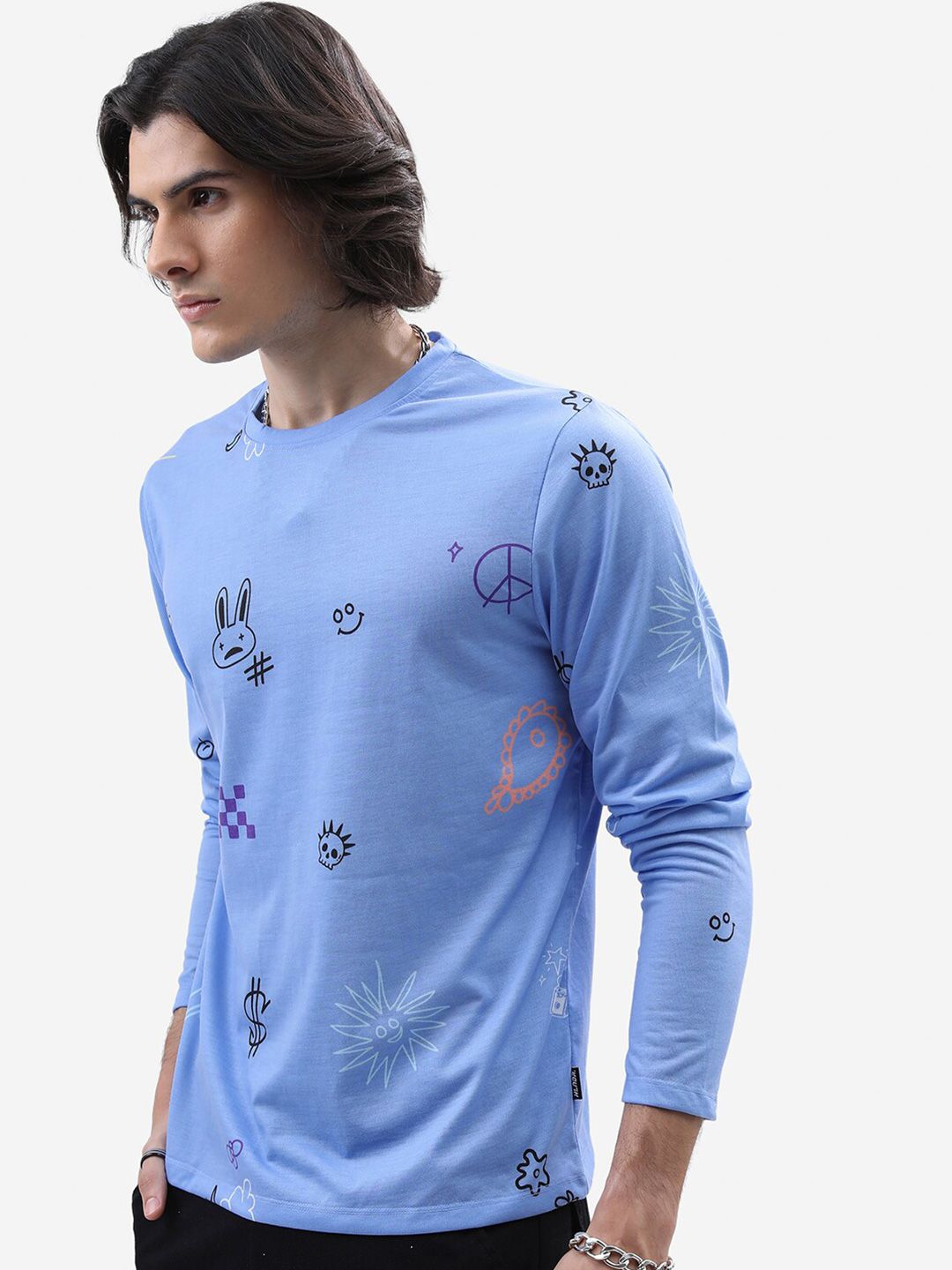 HIGHLANDER Blue Conversational Printed Long Sleeves Relaxed Fit T-shirt