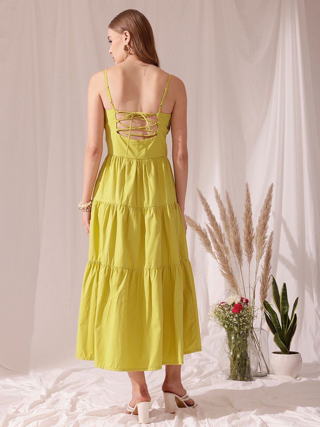STREET 9 Shoulder Strap Pleated Pure Cotton A-Line Tiered Midi Dress