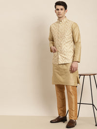 SOJANYA Men Golden & Beige Kurta with Churidar & Nehru Jacket