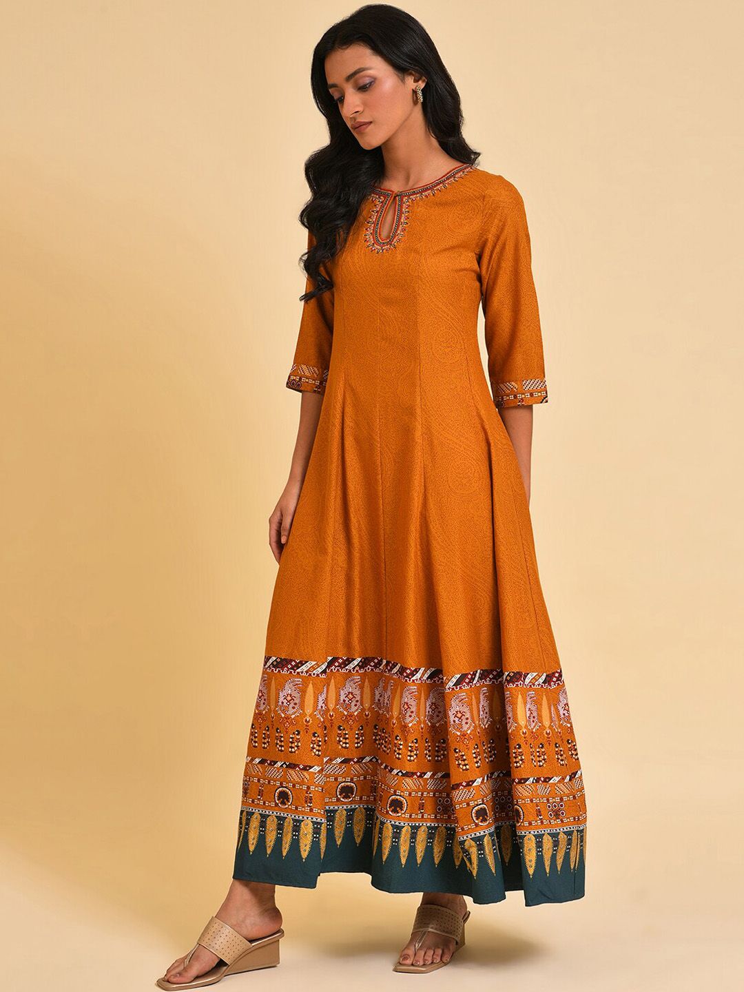W Keyhole Neck Ethnic Motifs Printed Embellished A-Line Ethnic Dress