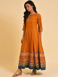 W Keyhole Neck Ethnic Motifs Printed Embellished A-Line Ethnic Dress