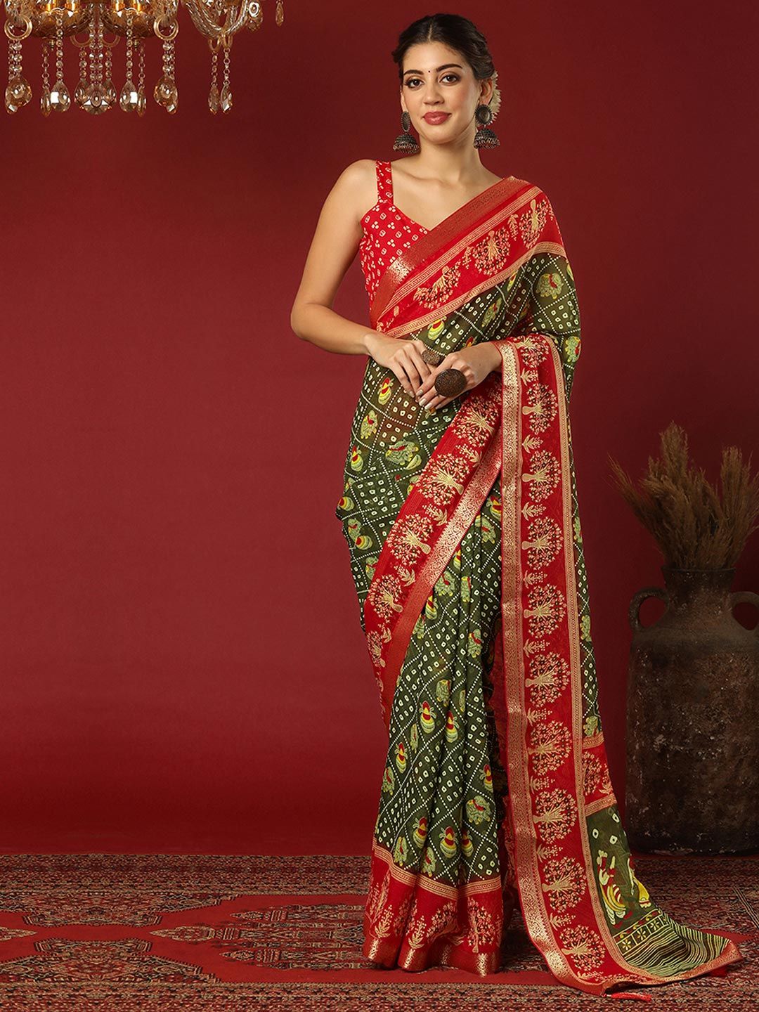 KALINI Bandhani Zari Pure Georgette Bandhani Saree