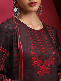 Vishudh Maroon Floral Printed Round Neck Straight Kurta with Trousers