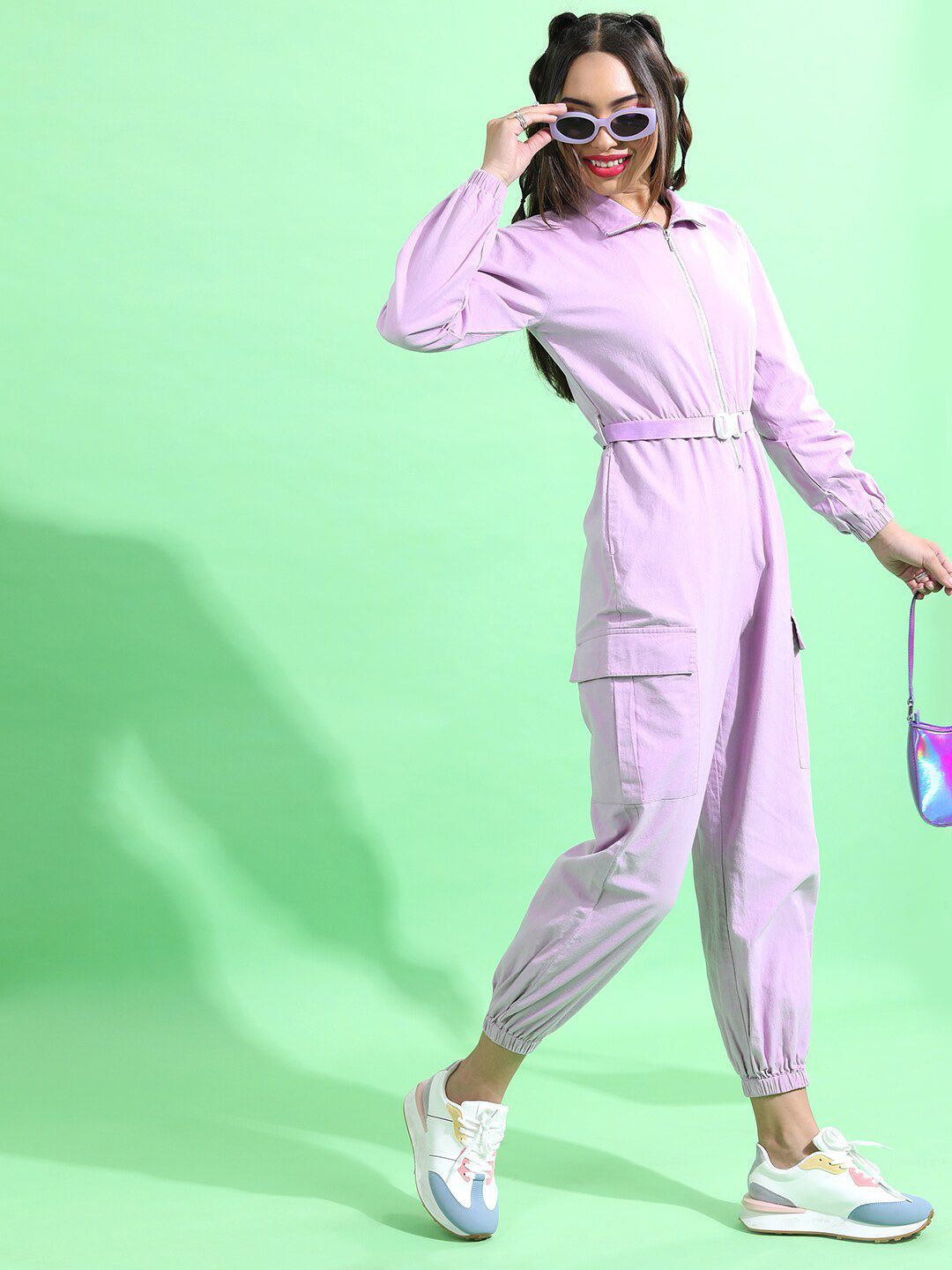 Tokyo Talkies Lavender Shirt Collar Basic Jumpsuit