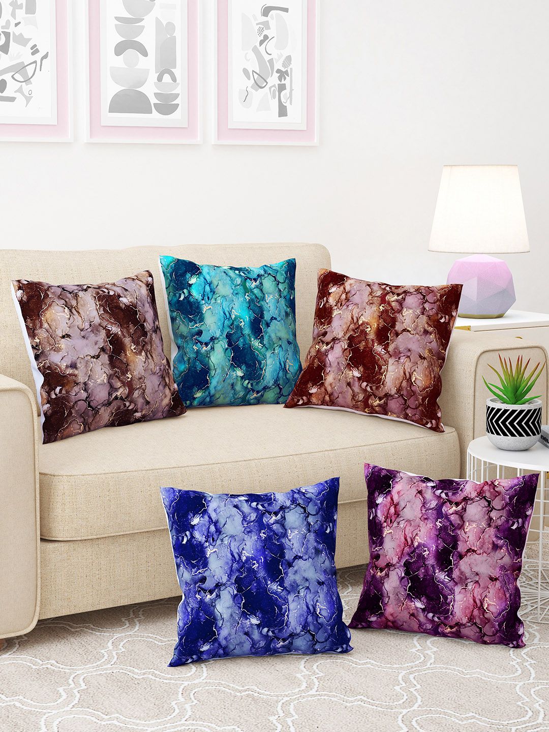 Story@home Navy Blue & Brown 5 Pieces Abstract Square Cushion Covers