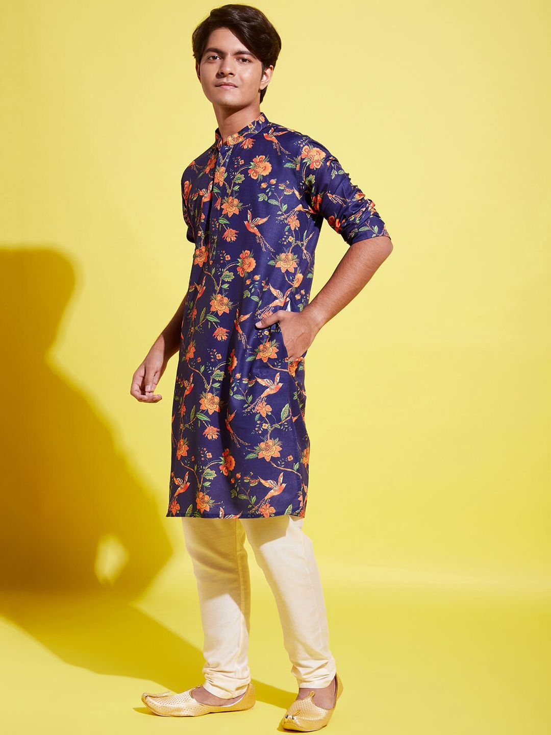 VASTRAMAY Boys Navy Blue Floral Printed Gotta Patti Kurta with Pyjamas