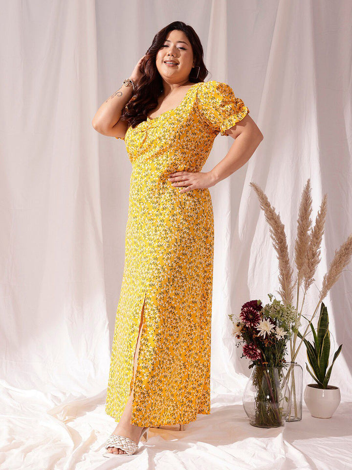 CURVY STREET Yellow Floral Printed Flared Puff Sleevese Fit & Flare Dress