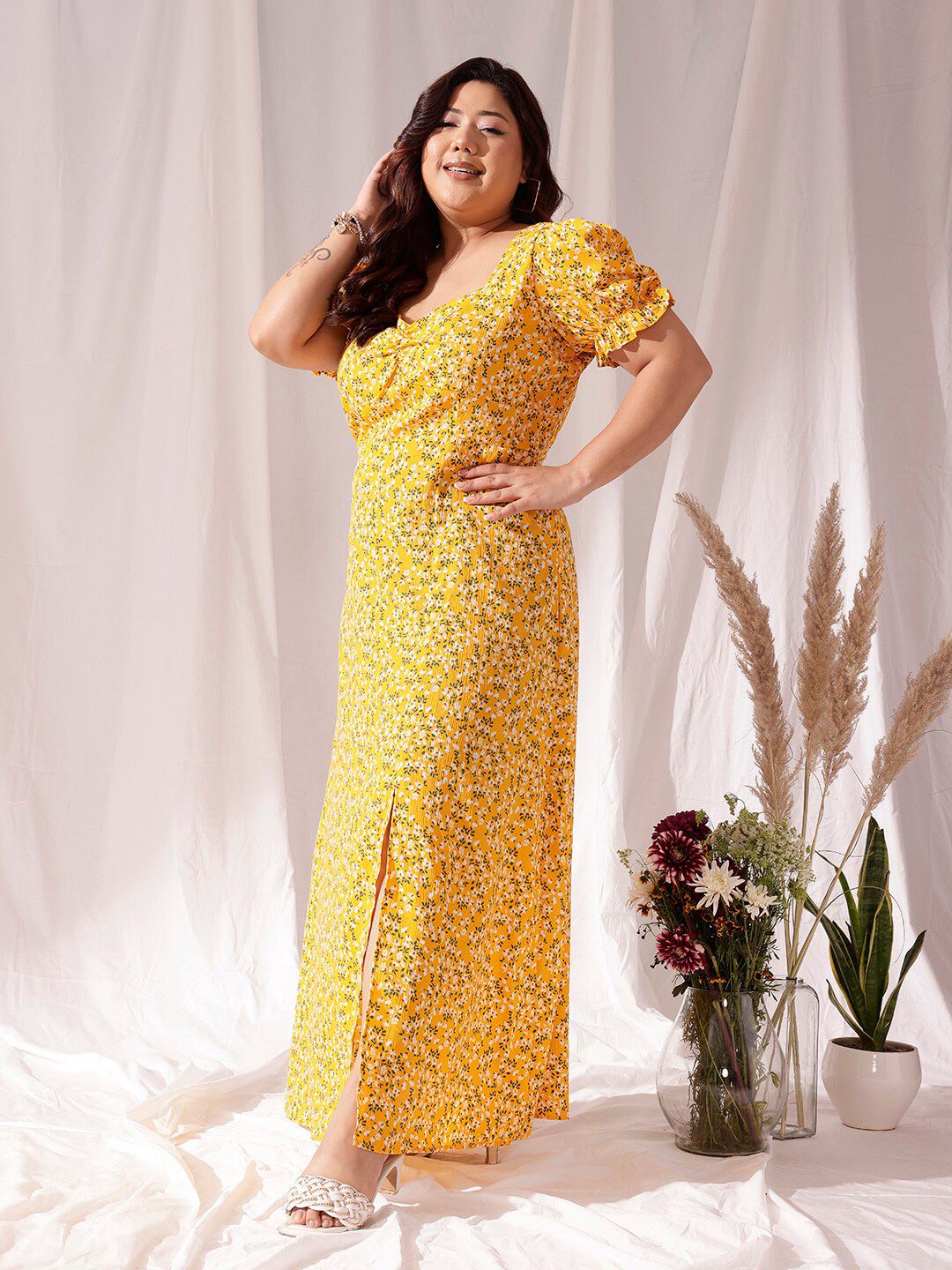 CURVY STREET Yellow Floral Printed Flared Puff Sleevese Fit & Flare Dress