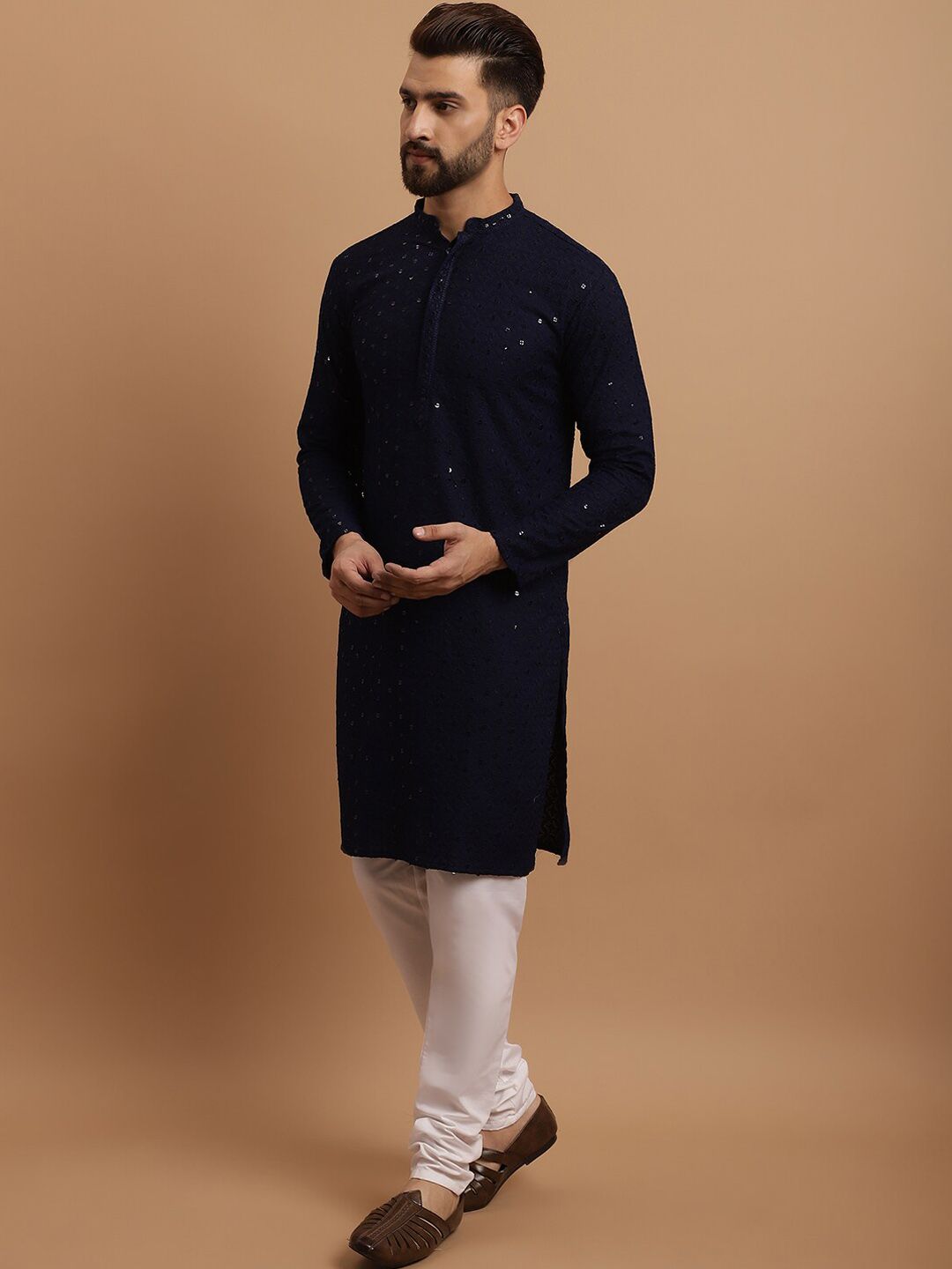 SOJANYA Ethnic Embroidered Sequinned Pure Cotton Kurta & Churidar With Nehru Jacket