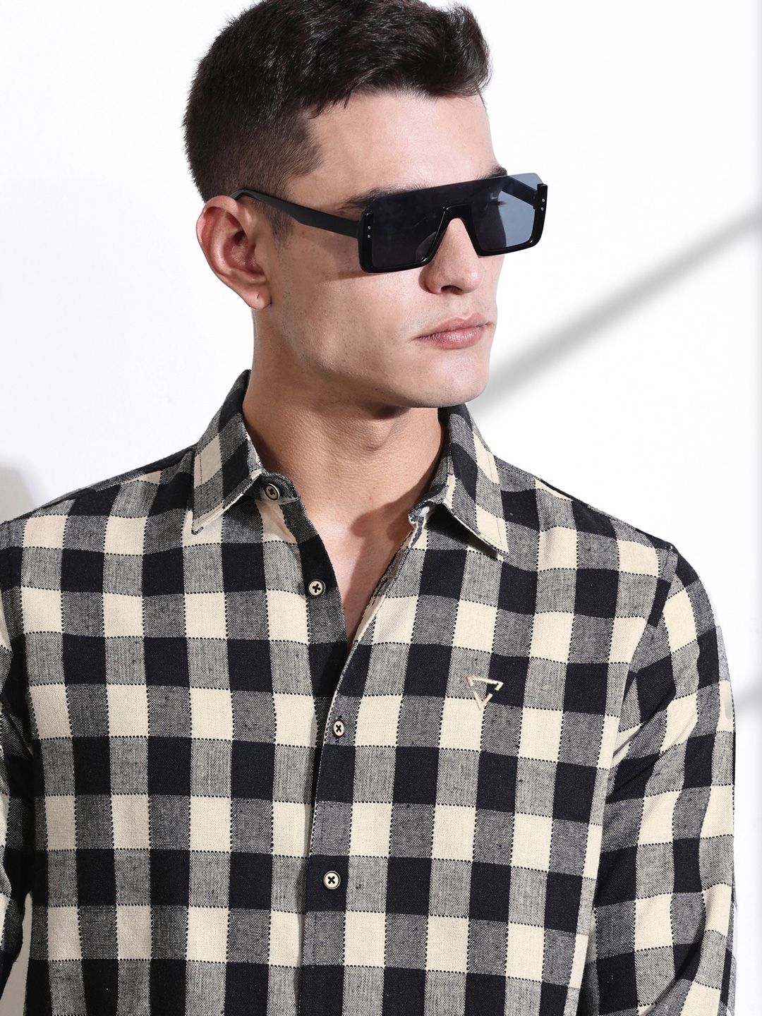 Thomas Scott Men Classic Slim Fit Spread Collar Windowpane Checked Cotton Casual Shirt
