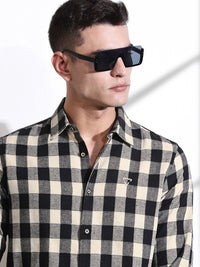 Thomas Scott Men Classic Slim Fit Spread Collar Windowpane Checked Cotton Casual Shirt