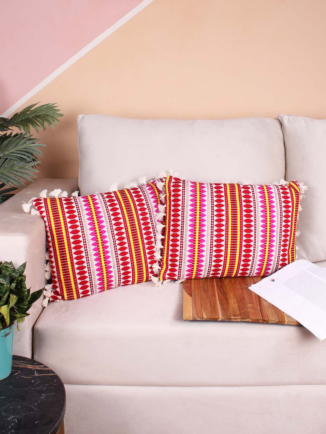 STITCHNEST Red & White 2-Pieces Embroidered Woollen Rectangle Cushion Covers