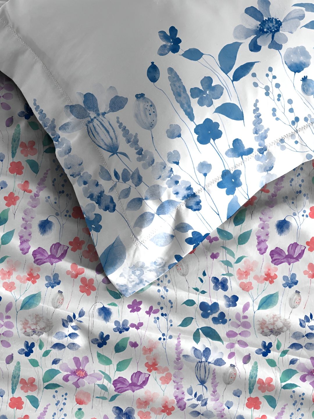 MYTRIDENT White & Blue 2 Pieces Floral Pure Cotton Rectangle Pillow Covers