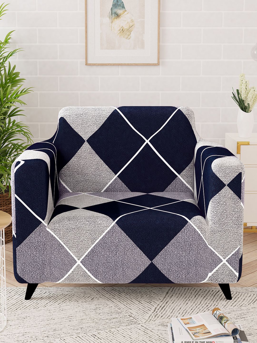 Story@home Navy Blue & Grey Printed 1 Seater Stretchable Sofa Cover With Arms