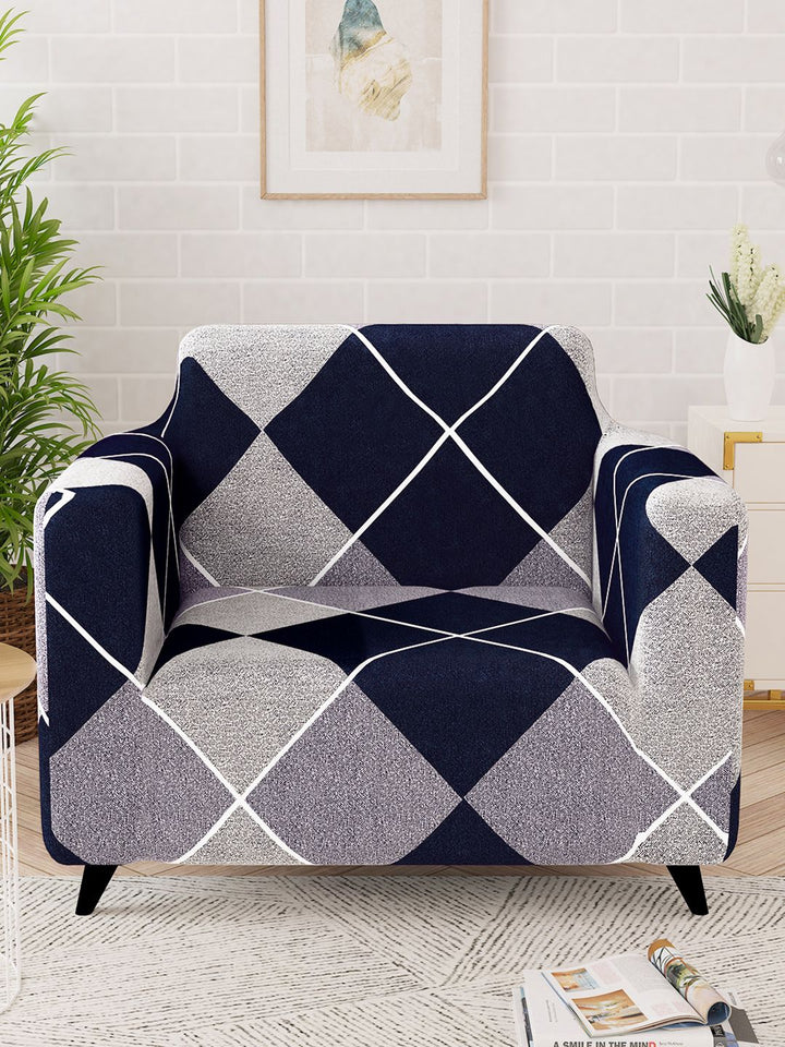 Story@home Navy Blue & Grey Printed 1 Seater Stretchable Sofa Cover With Arms
