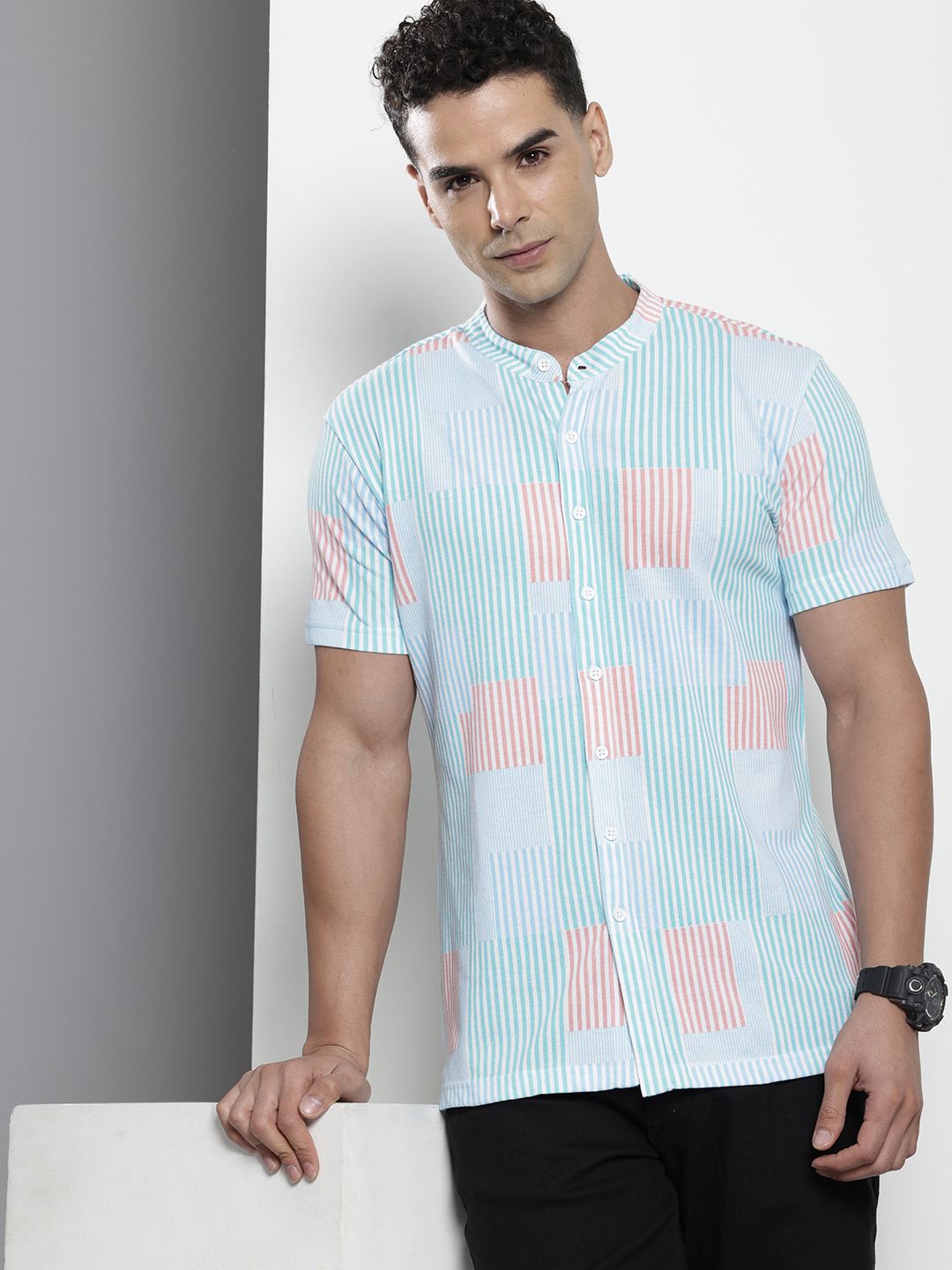 The Indian Garage Co Band Collar Striped Casual Shirt