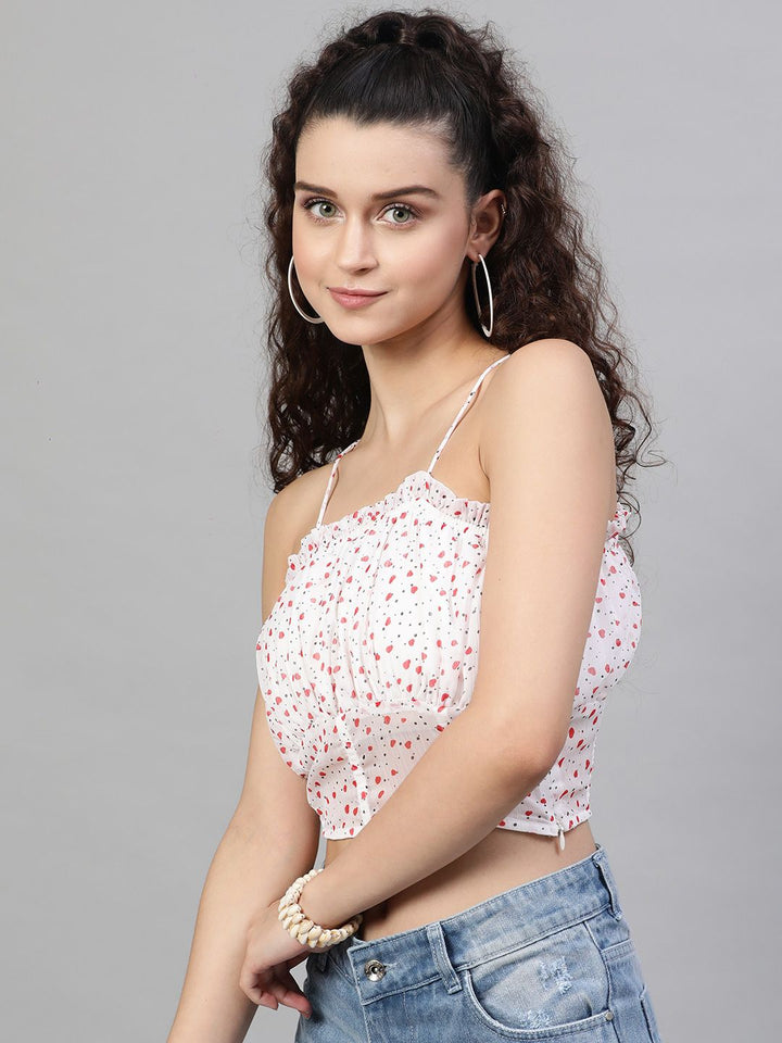 STREET 9 White & Red Heart Print Net Blouson Crop Top