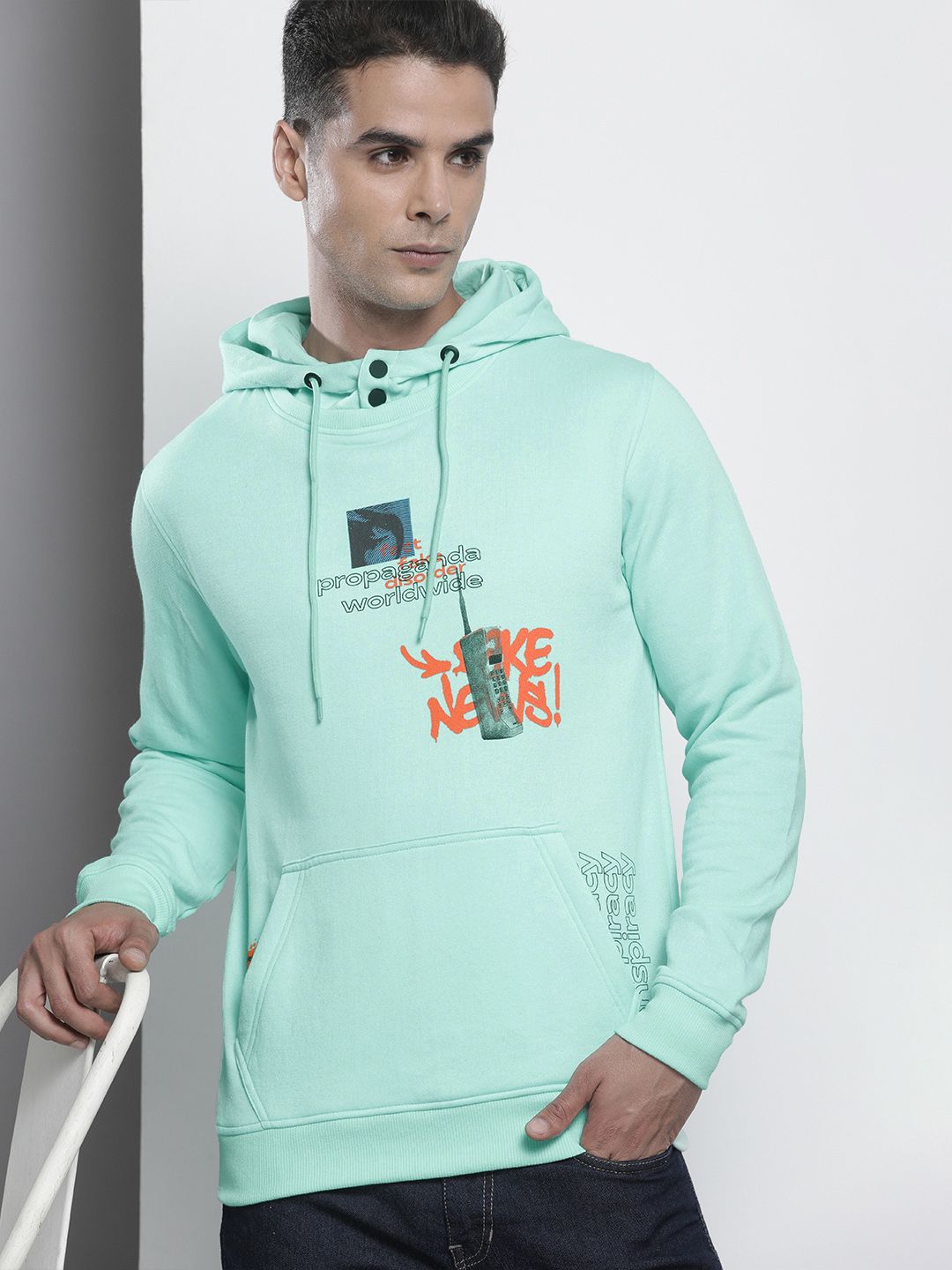 The Indian Garage Co Men Blue Printed Hooded Sweatshirt
