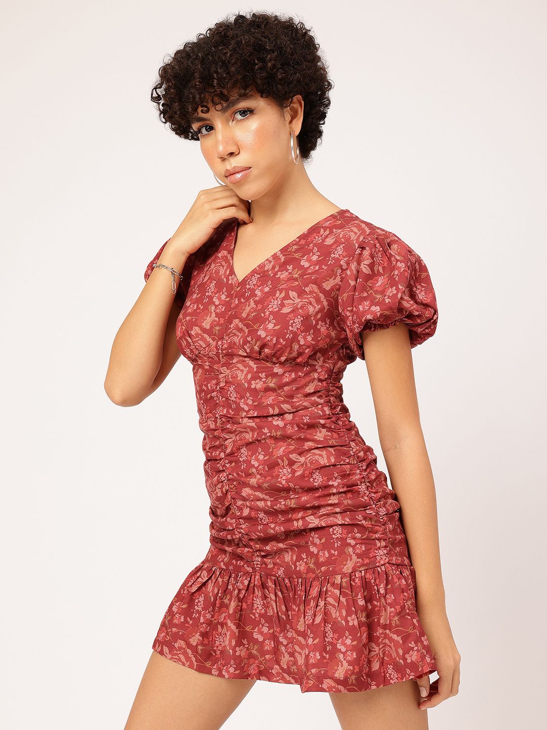 DressBerry Terracotta Tones Floral Femme Ruched Mini Dress