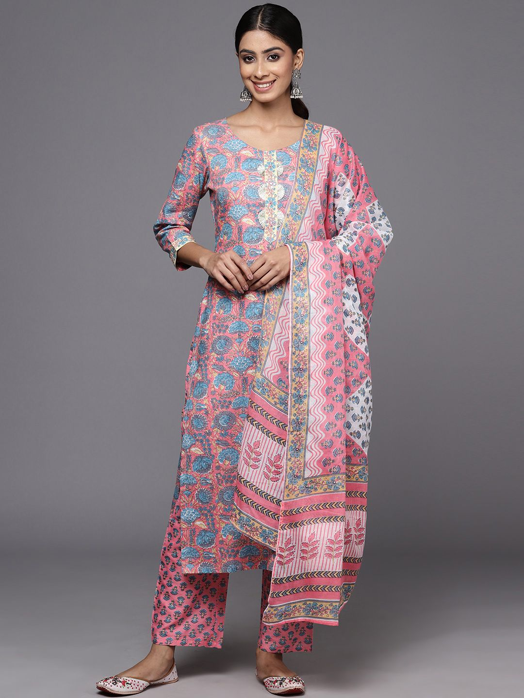 Libas Women Floral Printed Gotta Patti Pure Cotton Kurta with Trousers & With Dupatta