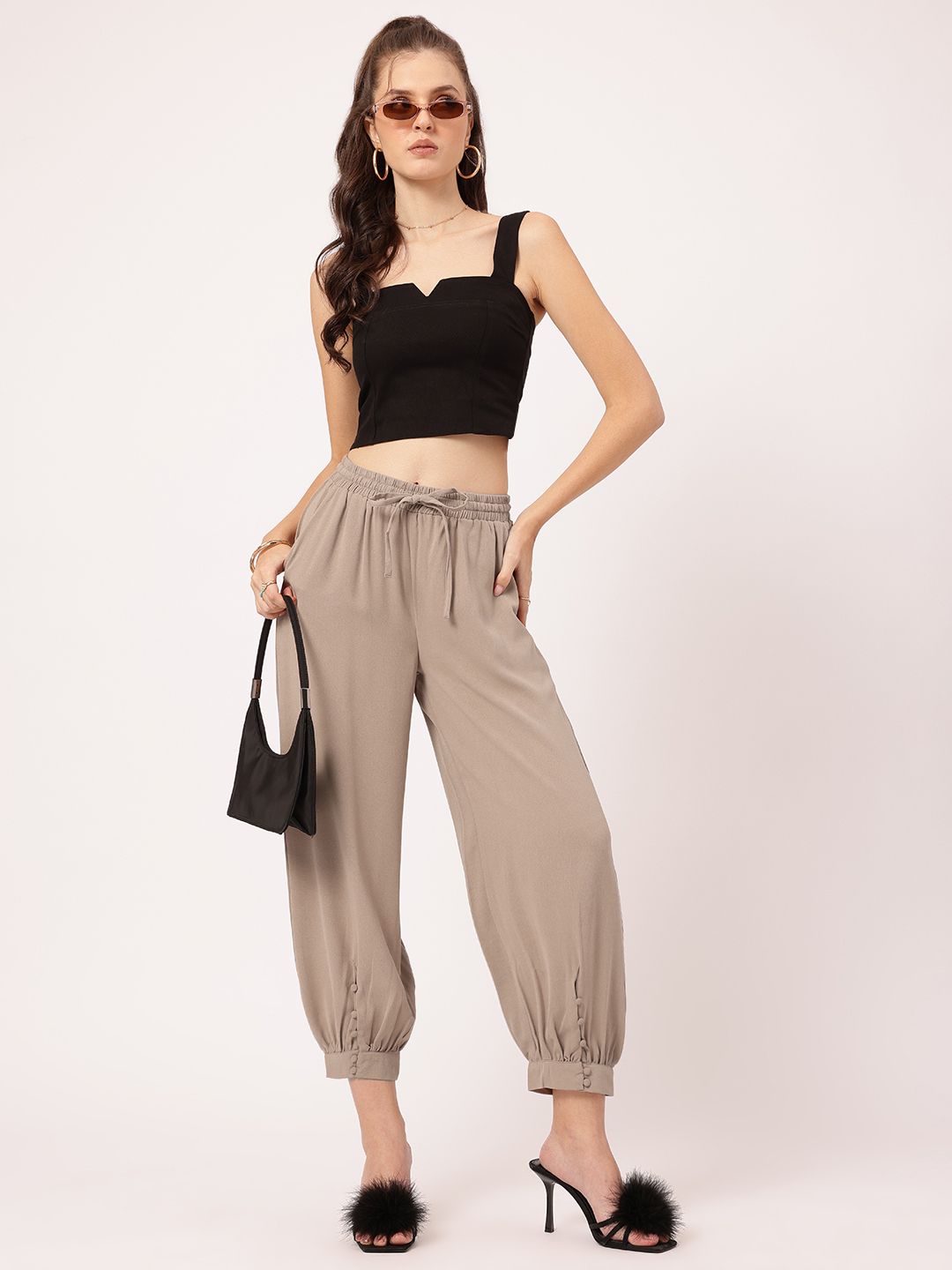 DressBerry Women Street Style Staple Buttoned-Cuffs Crop Trousers