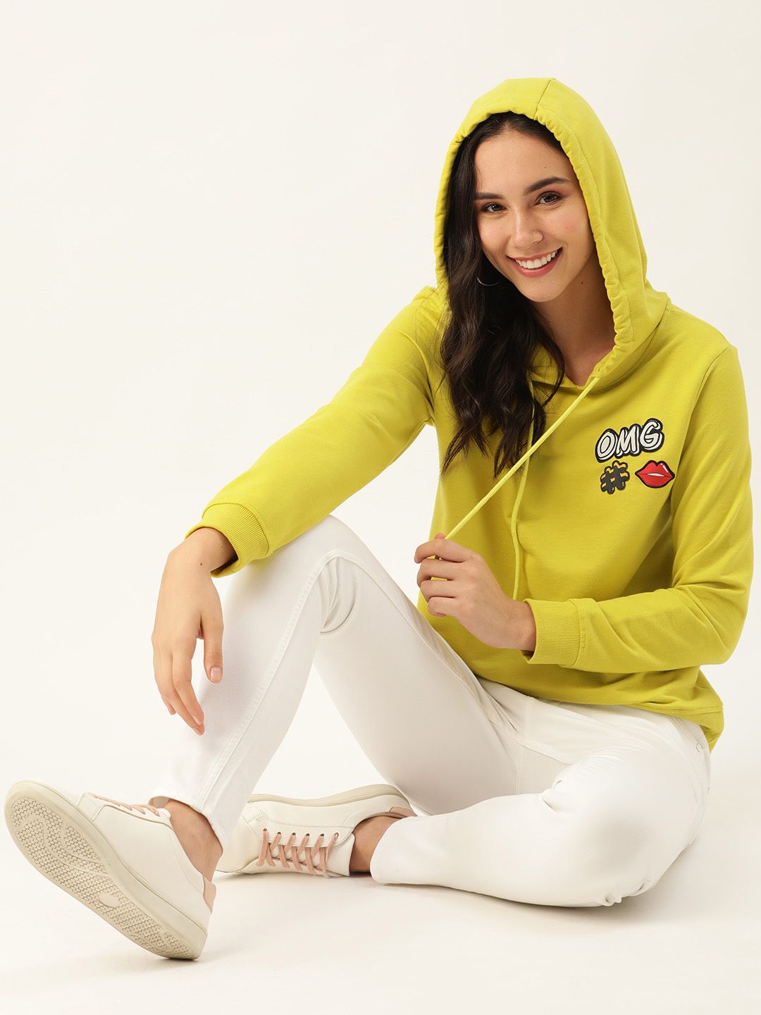 DressBerry Women Lime Green Solid Hooded Sweatshirt