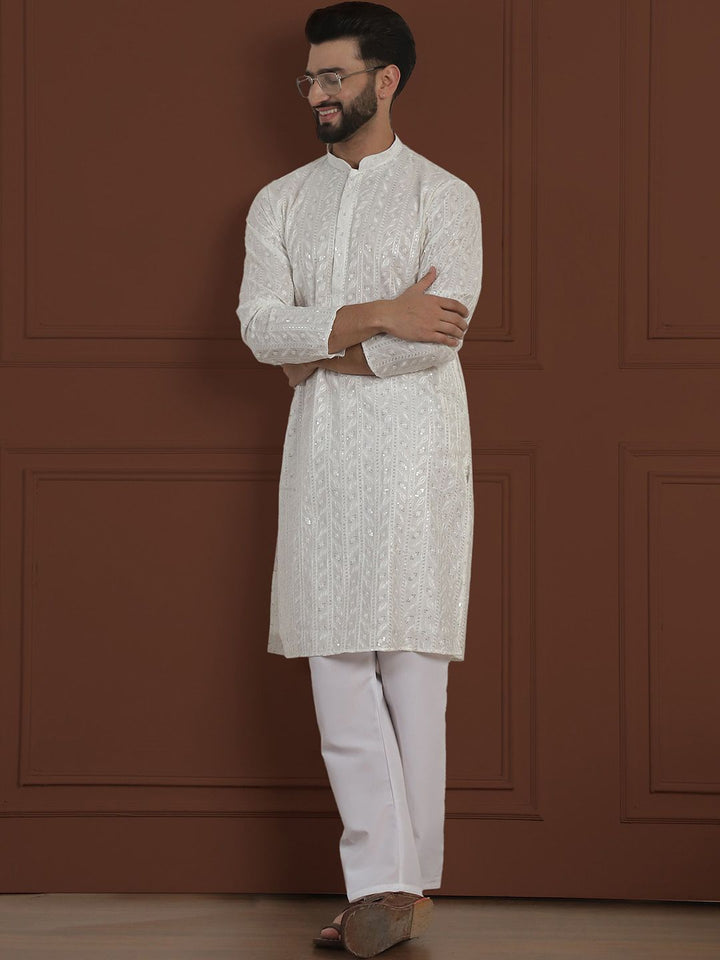SOJANYA LUXE Motif Etnik Bersulam Kolar Mandarin Kurta Sutera Lurus Kapas & Piyama