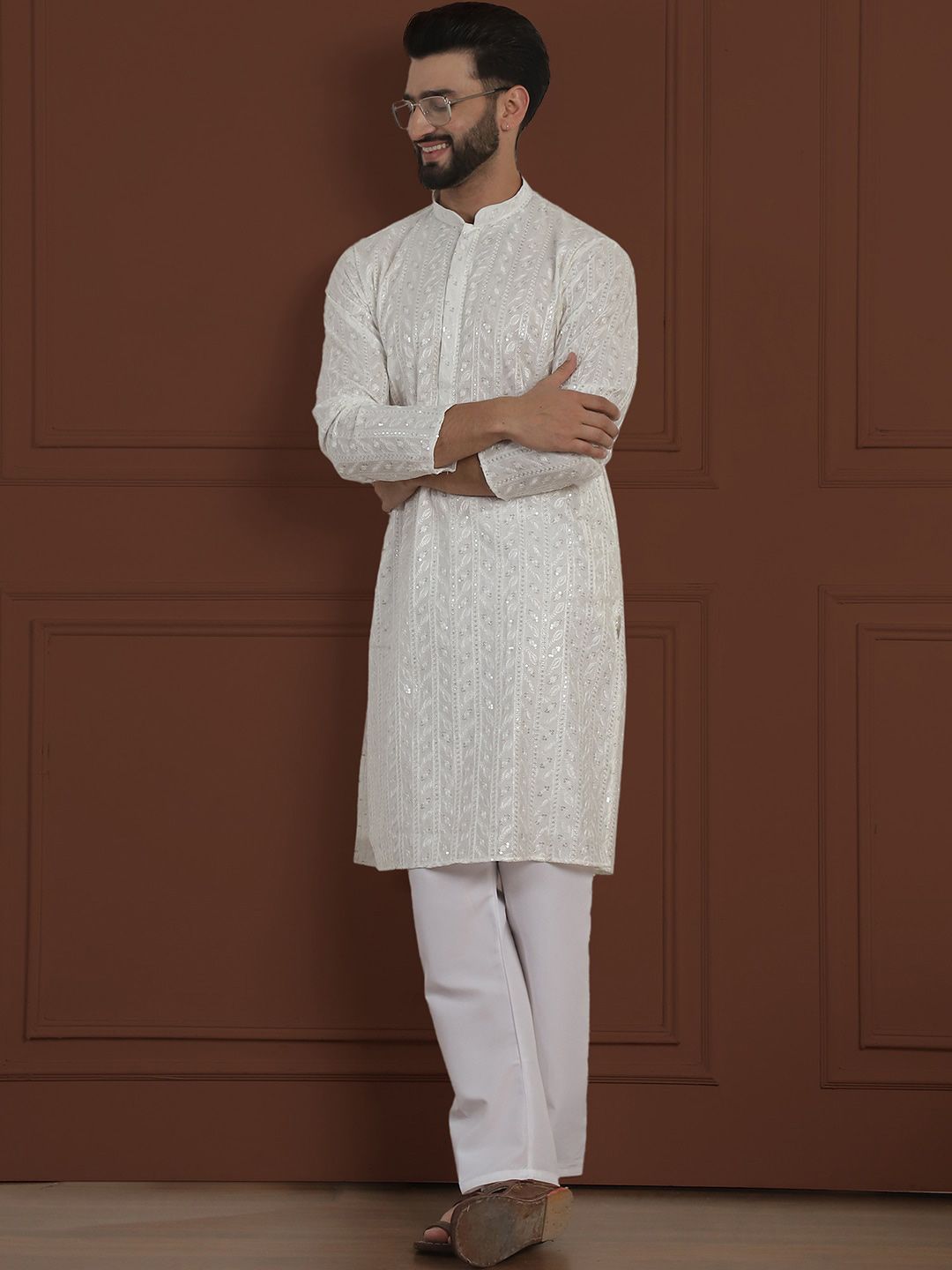 SOJANYA LUXE Motif Etnik Bersulam Kolar Mandarin Kurta Sutera Lurus Kapas & Piyama