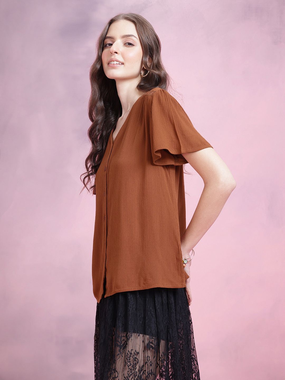 DressBerry Flutter Sleeve Crinkle Effect Shirt Style Top